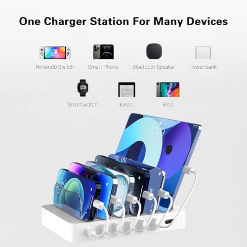 68 W Multi-Device Charging Station: 6-Port USB Dock with 20 W Fast Charging for i Phone, i Pad, and More – Sleek White Design with Included Cables for Ultimate Convenience and Efficiency