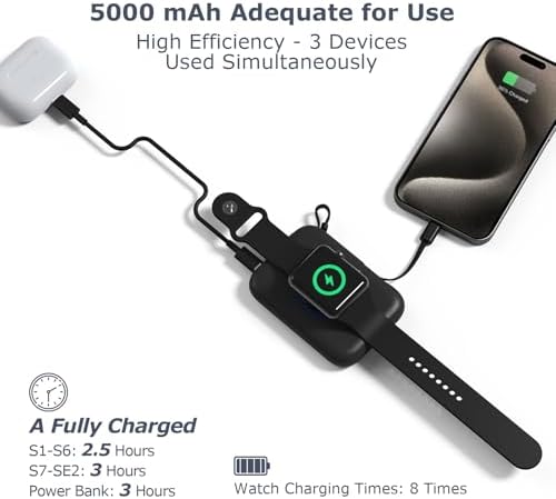 Ultimate 3-in-1 Wireless Watch Charger Power Bank: 5000 m Ah Portable Travel Charger with Dual USB-C Cables – Rapid Charging for Apple Watch Series 1-9 & i Phone 15/Samsung – Lightweight Design with Advanced Safety Features for Hassle-Free On-the-Go Charging