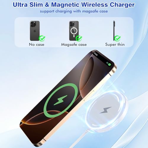 Experience the Future of Charging with Our 15 W Magnetic Wireless Charger for Apple Devices – Fast, Safe, and Effortlessly Compatible with i Phone 16 Pro Max/16 Pro/16 Plus/15 Pro Max, Air Pods, and More! This sleek, portable charging pad features advanced Mag Safe technology for perfect alignment and a powerful 15 W fast charge that boosts your i Phone battery to 50% in just 30 minutes. Built-in safety mechanisms protect your device from overheating and over-voltage, ensuring a reliable charging experience. The ultra-thin design, coupled with a non-slip surface, makes it perfect for home, office, or on-the-go use. Equipped with a 20 W USB-C wall plug and a generous 6-foot cable, this charging solution combines speed with convenience. Elevate your charging game with a charger that not only keeps your devices powered but does so with efficiency and style—ideal for the modern Apple user seeking both functionality and design!