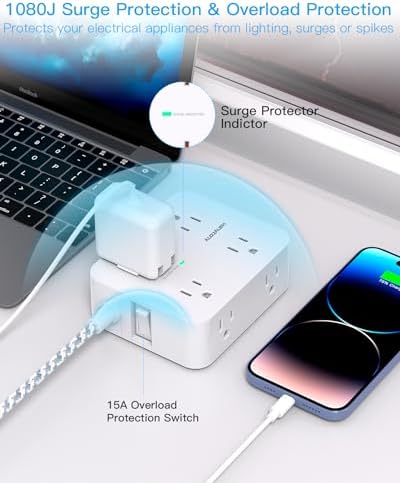HANYCONY 6 ft Surge Protector Power Strip with 8 Outlets & 2 USB-C Ports – Essential College Dorm Extension Cord with Space-Saving Flat Plug for Fast Charging and Device Safety – Perfect for Home Office and Tech Needs