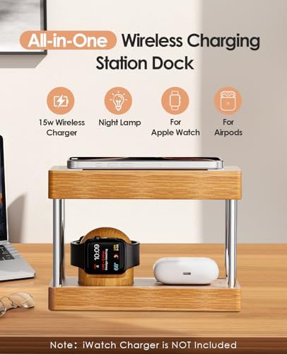 Eco-Friendly Bamboo Wireless Charging Station with Alarm Clock – Multi-Device Bedside Charger for i Phone, Air Pods & i Watch – Fast Charging & Adjustable Night Light – Perfect Gift for Him or Her