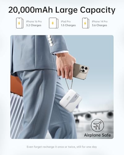 W&P Ultimate Travel Power Bank: 20,000 m Ah Portable Charger with Built-in Cables & AC Plug for 35 W Fast Charging – Ideal for i Phone 16/15/14/13/12 Pro, i Pad, Mac Book Air & Samsung Devices, Your Essential On-the-Go Power Solution