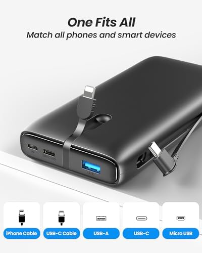 SOARAISE 26800 m Ah Power Bank with Integrated Cables – 22.5 W Fast Charging Portable Charger for Phones & Tablets – Ultimate USB C PD & QC 3.0 Compatibility for On-the-Go Convenience