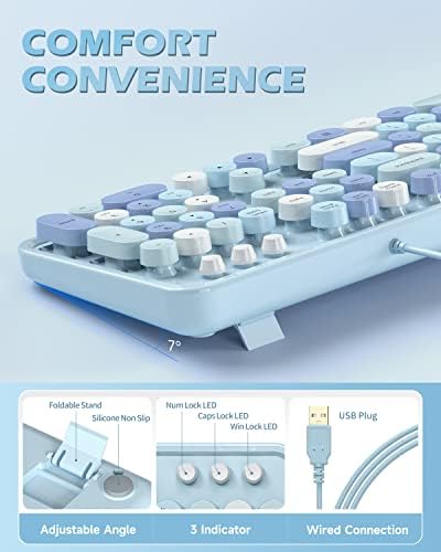 Retro-Inspired Wired Keyboard with Round Keys – Stylish Dark Blue USB Typing Experience for PC & Laptop Users – Ergonomic Full-Size Design for Enhanced Comfort and Productivity – Perfect for Windows Compatibility and Nostalgic Aesthetics