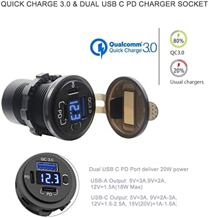 12 V Dual USB C Car Charger Socket with Quick Charge 3.0, Integrated Voltmeter & Power Switch – Ultimate Charging Solution for Vehicles, Boats, and Trucks, Enhanced Versatility & Safety