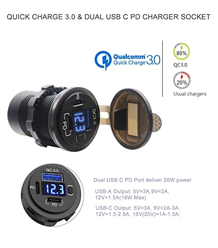 High-Performance 12 V Dual USB Car Charger with Quick Charge 3.0 and USB-C Port – Compact Voltmeter & Power Switch for Enhanced Safety in Cars, Boats, and Trucks – 2 Pack for Fast and Versatile Charging Solutions