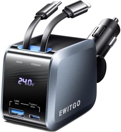 Revolutionary 72 W Retractable USB-C Car Charger – Dual Port Fast Charging Solution for i Phone 16/15/14/13/12 & Samsung Devices, 4 FT Tangle-Free Cables, Sleek Warm Grey Design for Ultimate Convenience and Organization