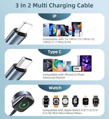 4 FT USB-C Multi-Device Charging Cable Duo for Apple Watch and i Phone – Superior 3-in-2 Charging Solution for i Watch Models and i Phone 16/15/14/13/12/11 & Galaxy S23 – Enhanced Rapid Charging, Exceptional Durability, and Total Convenience for Mobile Users
