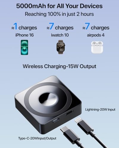 Ultra-Compact 5000 m Ah 3-in-1 Magnetic Power Bank for i Phone – 20 W Fast Wireless Charging for i Phone 15/14/13/12, Apple Watch, and Air Pods – Sleek Classic Silver Design for Effortless Travel and Universal Device Compatibility – Lightweight and Durable Battery Pack with Advanced Safety Features