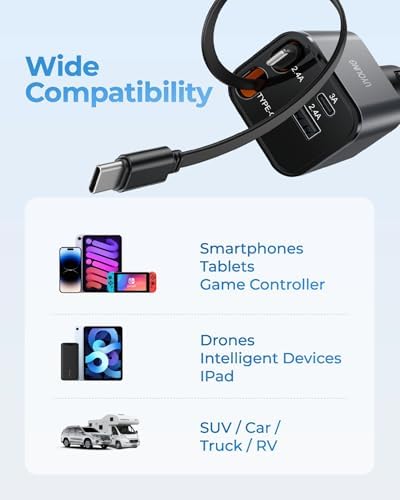 Retractable Fast i Phone Car Charger – 4-in-1 Cigarette Lighter Adapter with Dual 30-Inch Cables & 2 USB Ports, Compatible with i Phone 16/15/14/13/Pro – Ultimate Multi-Device Charging Solution for Road Trips & Daily Use – Perfect Gift for Tech-Savvy Travelers