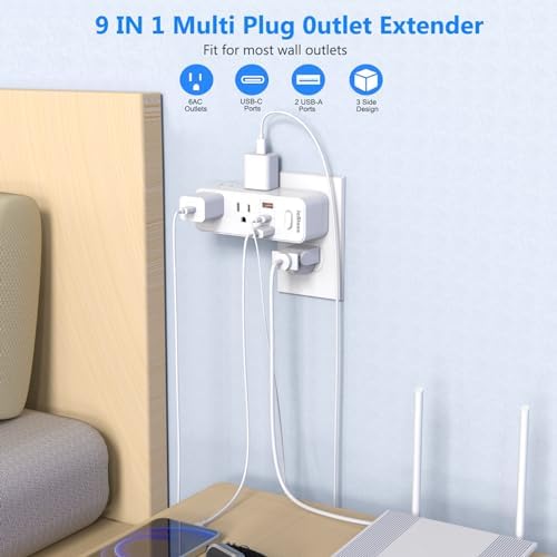 Compact Surge Protector Outlet Extender with Rotating Adapter – Multi-Plug Wall Outlet Splitter Featuring 6 AC Outlets and 3 USB Ports (1 Fast-Charging USB-C) for Home, Office, and Travel – Ultimate Safety and Space-Saving Charging Solution