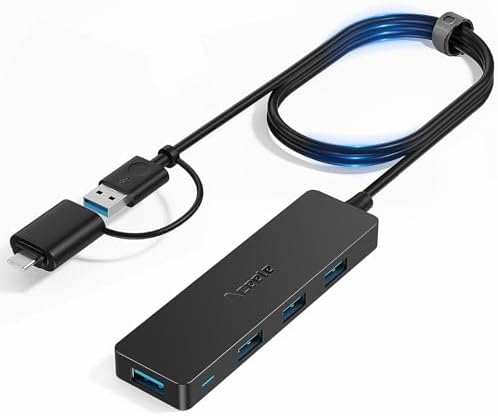 Ultra-Slim 4-Port USB 3.0 Hub with 2 ft Extended Cable – High-Speed Data Transfer for Mac Books, PCs, and More – Compact USB Expander for Enhanced Connectivity, Ideal for On-the-Go Professionals and Home Offices
