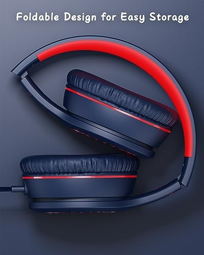 K16 Kids’ Foldable Wired Headphones with Microphone – Lightweight On-Ear Stereo Bass Design in Vibrant Pink and Red for School, Gaming, and Tablet Use – Compatible with Kindle, Chromebook & More – Durable Comfort for All-Day Listening