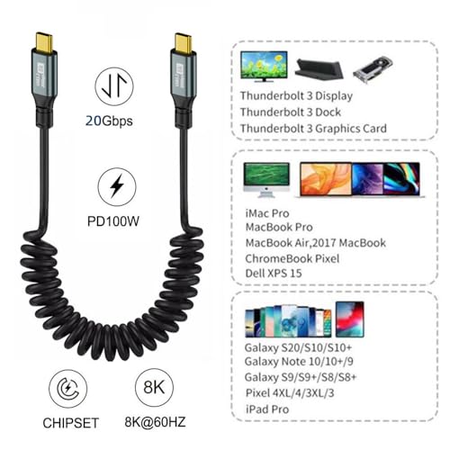 Revolutionary xiwai USB4 Type-C Male to Male Extension Cable – 20 Gbps Data Transfer with 100 W Power Delivery, 8 K Video Output, Coiled Design for Maximum Space Efficiency, and Angled Connector for Seamless Access in Compact Areas – Perfect for Laptops, Tablets, and Modern Tech Environments