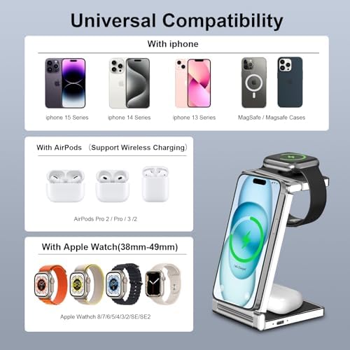 Revolutionary 3-in-1 Magnetic Foldable Wireless Charging Station for Apple Devices – Ultimate Compatibility with i Phone 15/14/13/12, Apple Watch 9/8/7/6/5/4/3/2/SE, and Air Pods 3/2/Pro – Fast, Efficient, and Portable Charging Solution for Home, Office, or Travel – Simplify Your Charging Routine with Durable, Space-Saving Design
