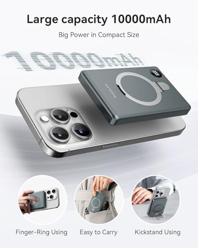 Revolutionize Your Mobile Charging with the Kuulaa 10,000 m Ah Mag Safe Power Bank – Ultra-Slim, 20 W PD Fast Charging, Wireless & Portable with Kickstand and LED Display for i Phone 16/15/14/13/12 Series (Grey) – Seamless Compatibility and Enhanced Versatility
