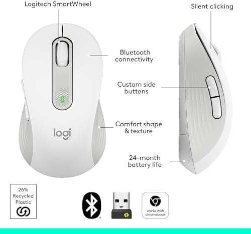 Logitech Signature M650 L Wireless Mouse for Large Hands – Ergonomic Comfort, 2-Year Battery Life, Silent Click Technology, Customizable Functions, Bluetooth Compatible with PC/Mac/Chromebook – Elegant Off White Finish for Professional & Casual Use