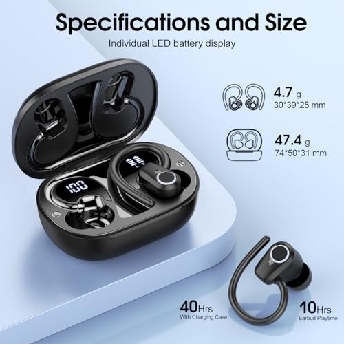 Poounur Bluetooth 5.3 Wireless Sport Earbuds – 50 Hours Playtime, IP7 Waterproof, Noise-Cancelling Headphones with Earhooks and Dual LED Display for Ultimate Comfort and Sound Quality – Perfect for Active Lifestyles and Outdoor Adventures