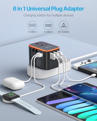 VINTAR Universal Travel Adapter: All-in-One Power Converter with 6 A Output, 3 USB-C and 2 USB Ports for Fast Global Charging Across Europe, UK, USA, and Australia – Essential Travel Accessory for Effortless Device Connectivity and Safety Features