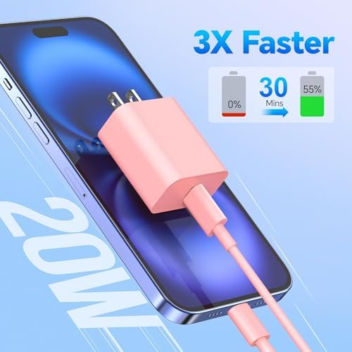 Revolutionary 3-Pack 20 W USB-C Fast Chargers with 10 FT Cables in Elegant Pink, Purple, and White – Ultimate Compatibility for i Phone 15/16 Pro/Max/Plus – Experience Lightning-Fast Charging and Stylish Convenience for All Your Power Needs
