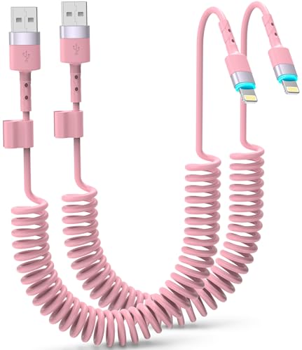 Stylish 3 FT Pink Coiled i Phone Charger 2-Pack – MFi Certified USB to Lightning Cable for Apple Car Play – Fast Charging, Tangle-Free, Trendy Design for Home & On-the-Go Power Solutions