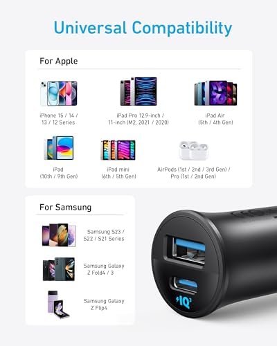 Anker 30 W Dual-Port USB-C Car Charger – High-Speed Power IQ 3.0 Adapter for i Phone 16/15/14/13/12 & Samsung Galaxy S25/S24/S23/S22/S21 – Compact Car Cigarette Lighter Charger for i Pad Pro & Air Pods – Reliable Fast Charging Solution for Road Trips and Daily Commutes