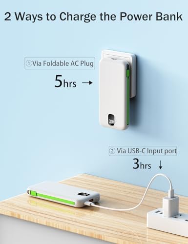 Ultra-Compact 10,000 m Ah Portable Charger with Integrated Cables & AC Plug – Fast Charging Power Bank for i Phone, Samsung, and Android Devices – QC 22.5 W & PD 20 W Travel Essential with Sleek Design for Maximum Convenience and Reliability