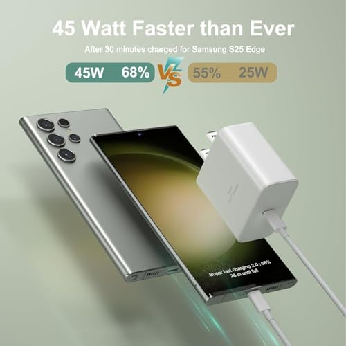 Samsung S25 Edge 45 W Super Fast Charger – High-Speed USB-C Wall Adapter for Galaxy S25 Ultra/S24/S23/S22/A16/A55/Z Fold 6/Flip 6 & Tab S10/S9 – Rapid Charging with Safety Features for On-the-Go Power Needs