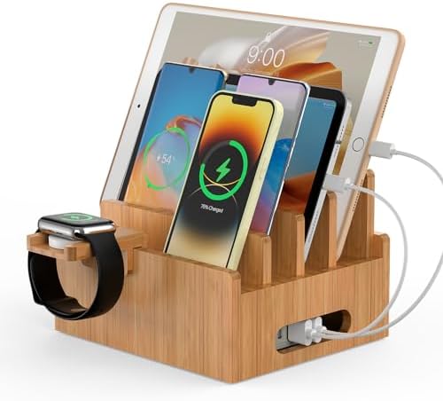 Eco-Friendly Bamboo Charging Station: Multi-Device Organizer with 5 USB Ports, Smartwatch & Earbuds Stand – Ultimate Desk Dock for Cell Phones and Tablets, Enhanced Speed & Compatibility