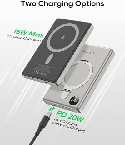 Kuulaa 10000 m Ah Magnetic Power Bank with LED Display – PD 20 W Fast Charging, Ultra-Slim Portable Charger for i Phone 16/15/14/13/12 – Mag Safe Wireless Battery Pack with Built-in Stand for Enhanced Mobility and Convenience