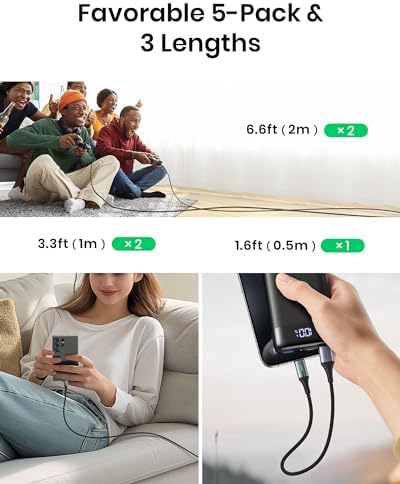 Experience the Ultimate Charging Convenience with INIU’s 5-Pack USB-C Fast Charging Cables – 1.6 FT, 3.3 FT (2), and 6.6 FT (2) for Versatile Use – High-Speed 3.1 A Type C Charger Cords Compatible with i Phone 16, 15, Samsung Galaxy S21, S20, S10, A14, Note 10, LG Pixel 9 & 8 – Durable Nylon Design for Long-Lasting Performance and Tangle-Free Operation – Perfect for Home, Office, and On-the-Go Charging Solutions