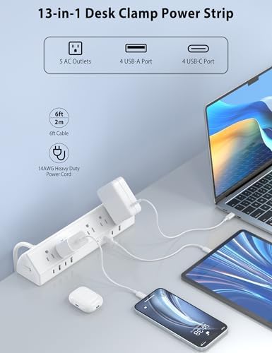 Maximize Efficiency with the 45 W Desk Clamp Charging Station – 4 PD USB-C Ports & 5 AC Outlets, ETL Listed Surge Protector for Ultimate Device Protection, 14 AWG Heavy-Duty Cord, Secure Fit for 1.9″ Tabletops (Black, 6 FT Cable) – Your All-in-One Power Solution for Home and Office