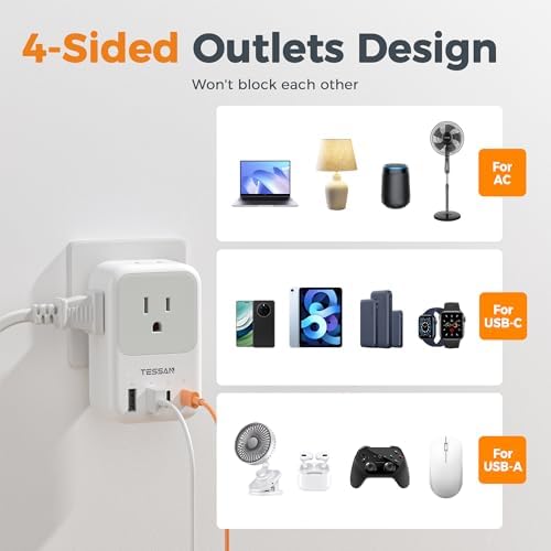 TESSAN 20 W USB-C Fast Charger Block – Compact Multi-Device Power Adapter with 4 AC Outlets & 4 USB Ports for Effortless Home, Office, and Travel Charging Solutions – Foldable Plug for Maximum Portability and Convenience