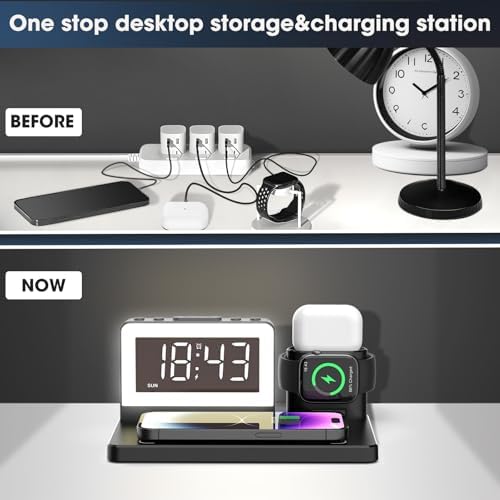 Revolutionize Your Charging Routine with the 7-in-1 Wireless Fast Charging Station – All-in-One Alarm Clock Dock for i Phone, Samsung Galaxy, Apple Watch & Air Pods – Enhanced Speed, Sleek Design, and Safety Features for Ultimate Convenience