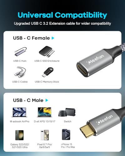 CLEEFUN 10 ft USB C Extension Cable – Unlock 100 W Fast Charging & 5 Gbps Data Transfer with Stunning 4 K Video Sync for Laptops, Tablets, and Phones – Premium Compatibility & Durable Design for Enhanced Connectivity Experience