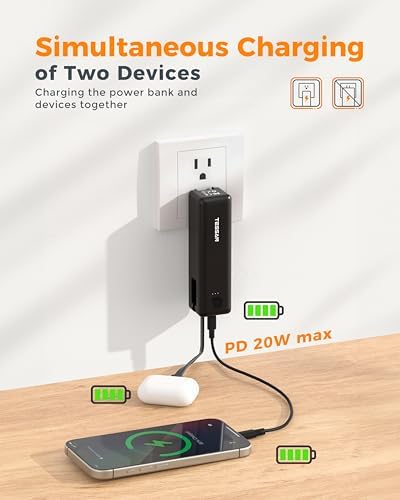 TESSAN 3-in-1 Portable Power Bank Charger – 20 W Fast Charging with Built-In USB-C Cable, 5000 m Ah Capacity, AC Outlet Compatibility for i Phone 16/15, Samsung, and Tablets – Ultimate Travel Charging Solution for Dual Device Power Needs