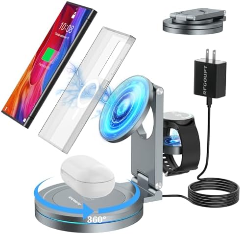 Magnetic 3-in-1 Wireless Charging Station for Samsung Galaxy: Fast, Foldable Dock for S24/S23/S22/Note20, Compatible with Galaxy Watch 7/6/5/4/3 & Galaxy Buds, 360° Adjustable Angles, Sleek Alloy Design for Efficient Heat Dissipation and Safe Charging, Ideal for Home or Travel