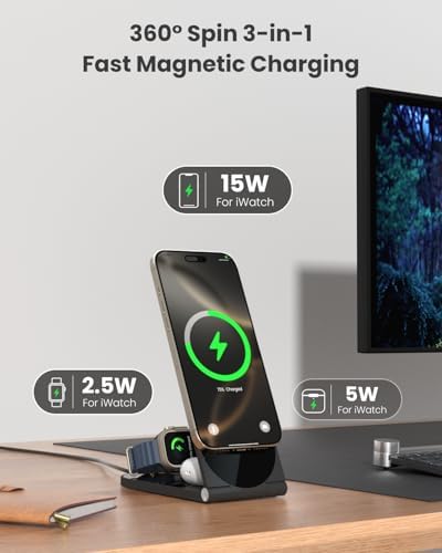 Ultimate 3-in-1 Wireless Charging Station – Foldable Travel Charger for i Phone 16/15/14/13/12, Air Pods & Apple Watch – 20 W Fast Magnetic Charger Stand with Enhanced Mag Safe Compatibility for On-the-Go Convenience