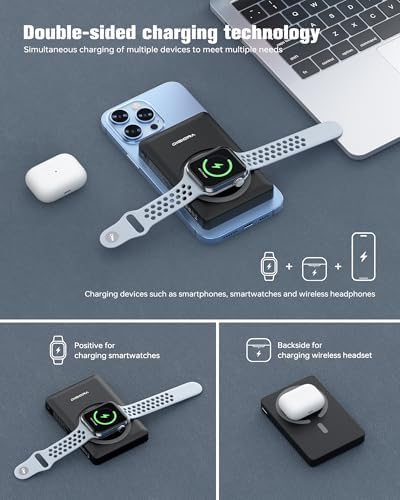 5000 m Ah Wireless Magnetic Power Bank with 15 W Fast Charging – Dual Device Charger for i Phone 16/15/14/13/12, Smartwatches & Earbuds – Compact Travel-Friendly Design with 20 W Output & Smart Safety Features for Reliable Power On-the-Go