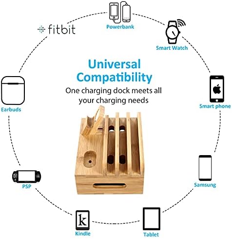 Eco-Friendly Bamboo Multi-Device Charging Station – Sleek USB Dock with 5 High-Quality Cables for Smartphones, Smartwatches & Tablets – Chic Organizer for Home & Office Efficiency