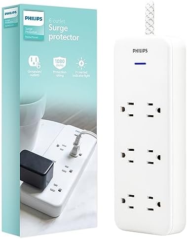 Philips EZFit Surge Protector with 3 Outlet Power Strip and 6 ft Braided Cord – Enhanced Charging Station Featuring 2 USB-A and 1 USB-C, 490 Joules of Surge Protection, Space-Saving Design in Sleek White for Home and Office Use
