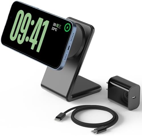 Experience Unmatched Charging with the Premium Mag-Safe Charger Stand for i Phone 16 – Fast Wireless Charging with 20 W Adapter & 5 Ft Cable, Compatible with i Phone 15/14/13/12 Series – Sleek Grey Design for Effortless Integration and Enhanced Efficiency