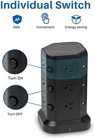KOOSLA Power Strip Tower – 12 AC Outlets & 6 High-Speed USB Ports with 15 A Surge Protection – 6.5 ft Heavy-Duty Extension Cord for Home Office & Dorm Room – Compact Design for Efficient Power Distribution – Versatile Charging Station for Multiple Devices