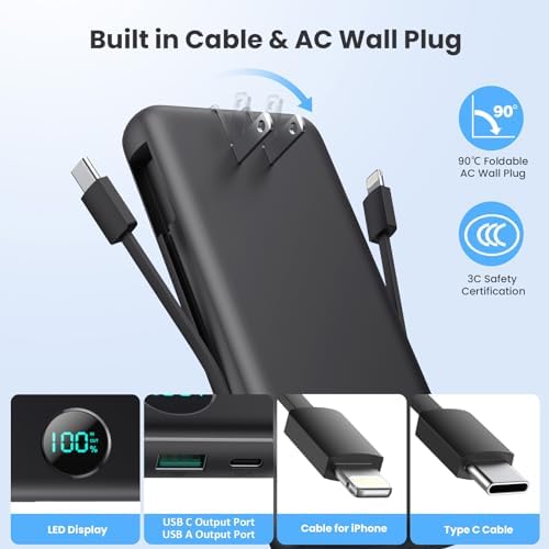 Ultra-High Capacity 33800 m Ah USB C Power Bank with Integrated Cables & AC Wall Adapter – Rapid 25 W Fast Charging with QC 4.0, Multi-Device Support, LCD Battery Status Display for i Phone 16/15, Samsung, Android, and More – Ultimate Portability and Efficiency for On-the-Go Power Solutions