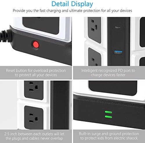 BESTEK Multi-Outlet USB Power Hub with Wireless Charging Station – 8 AC Outlets & 6 USB Ports (40 W) Surge Protector | 1500 Joules ETL Listed for Safe Use – Ideal Dorm Room Essential & Home Office Accessory in Sleek Black Finish