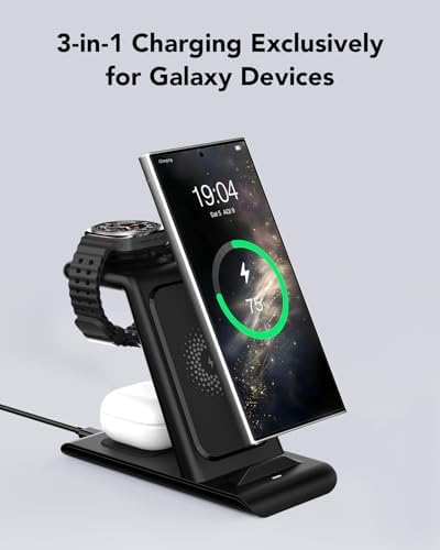 Ultimate 3 in 1 Wireless Charging Station for Samsung Devices – Fast Charge Galaxy Watch 7/6/5/Pro, Galaxy S25/Edge/Ultra/S25+/S24/S23/Note 20/10, Z Flip 7/6, and Fold 7/6 with Galaxy Buds 3/2/Pro/Live – Sleek, Space-Saving Design for Efficient Multi-Device Powering and Enhanced Compatibility