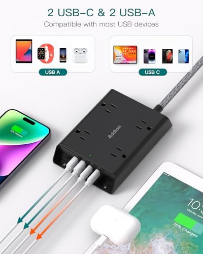 Ultimate 15 ft Surge Protector Power Strip with 4 USB Ports, Addtam Flat Plug Extension for Home Office and College Dorm – Enhanced Compatibility, Space-Saving Design, and Fast Charging for Multiple Devices