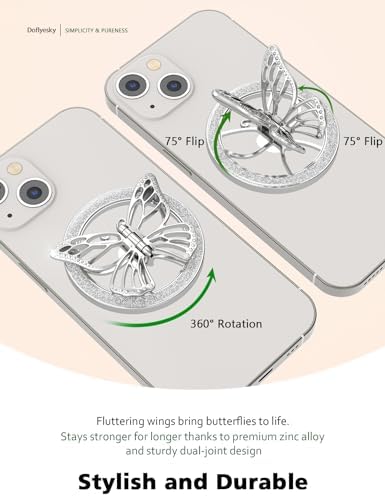 Stylish Magnetic Butterfly Phone Grip for Mag Safe – Silver Bling Kickstand Holder with Universal Adapter Ring for Enhanced Usability – Lightweight & Chic Accessory for Secure Handling and Effortless Viewing Experience