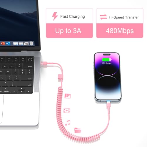 2-Pack Retractable Coiled USB-C to Lightning Charger Cable for i Phone – MFi Certified Fast Charging Solution for i Phone 14/13/12/11 SE/Xr & i Pad – 4 Ft Pink Car Play Cable for Uber and On-the-Go Syncing – Durable, Tangle-Free Design for Ultimate Portability and Efficiency