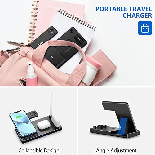 Ultimate WAITIEE 5-in-1 Wireless Charging Station for Apple Devices – Rapid Charge Dock for i Phone 13/12/11, All Apple Watch Models, Air Pods, and Apple Pencil – Elegant Black Finish with Enhanced Safety Features for Streamlined Charging Efficiency